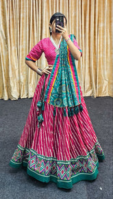 Leheriya Print Tussar Silk Lehenga Choli with Patola Border & Bandhani Dupatta